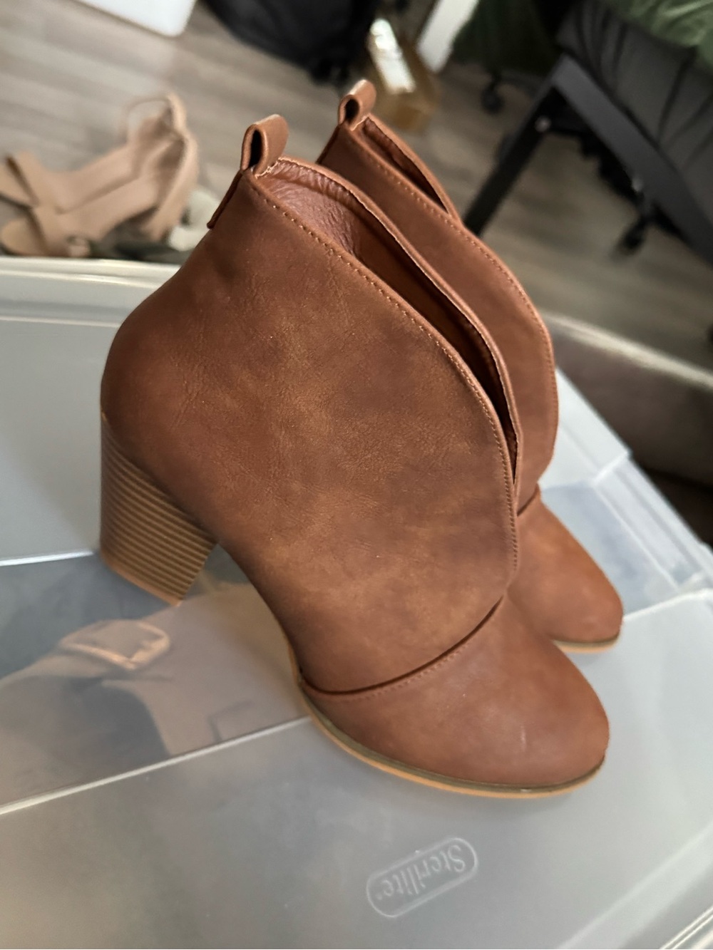 Women's Tan Block Heel Ankle Booties - Sleek Slip-On Style